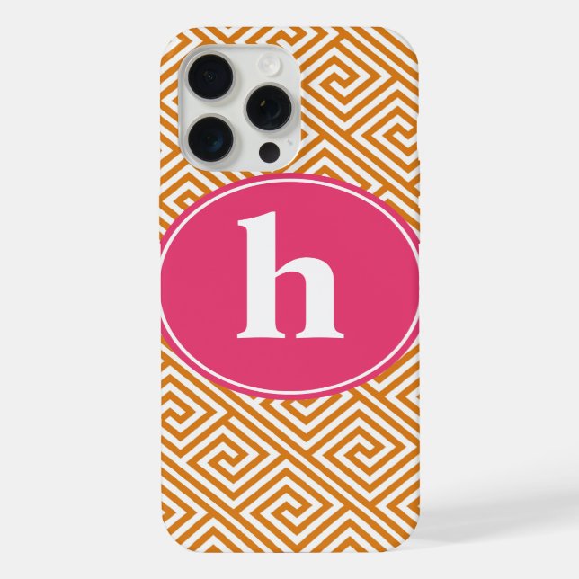 Coque iPhone Monogramme de clé grecque orange et rose chaud (Verso)