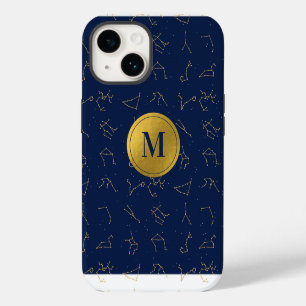 Coque Pour iPhone 14 Monogramme de constellations de Zodiac bleu or et 