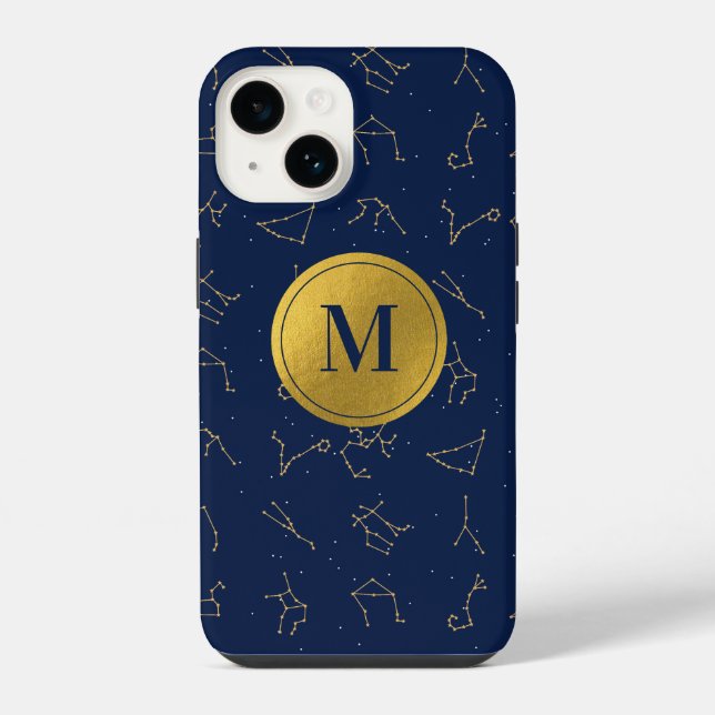 Coque iPhone Monogramme de constellations de Zodiac bleu or et  (Verso)