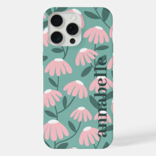 Coque iPhone 15 Pro Max Monogramme de côté Nom Motif floral rose et vert