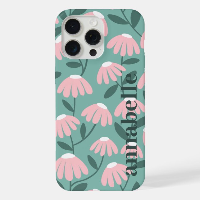 Coque iPhone Monogramme de côté Nom Motif floral rose et vert (Verso)