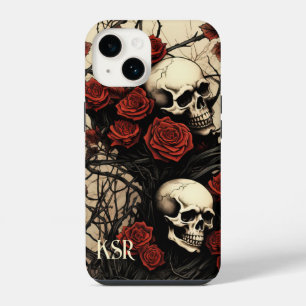 Coque Pour iPhone 14 Monogramme de crânes gothiques et de roses rouges 