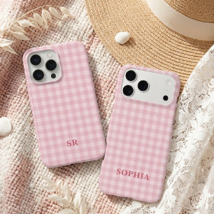 Coque iPhone 15 Pro Max Monogramme de demoiselle d'honneur à carreaux rose