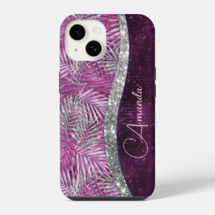 Coque Pour iPhone 14 Monogramme de feuilles scintillantes rose violet a