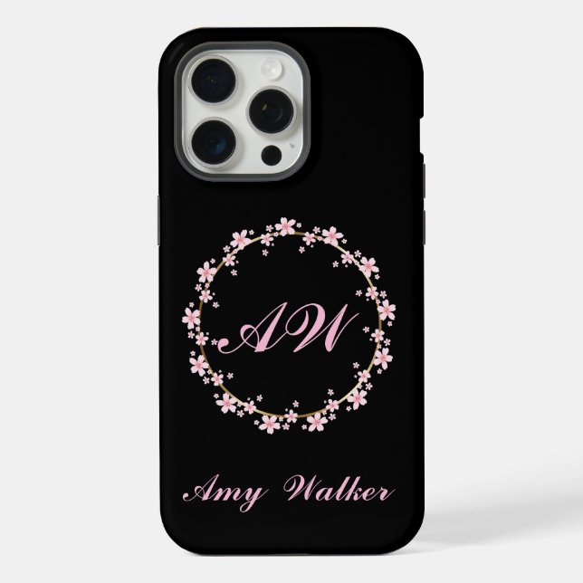 Coque iPhone Monogramme de fleurs de cerisier rose (Verso)