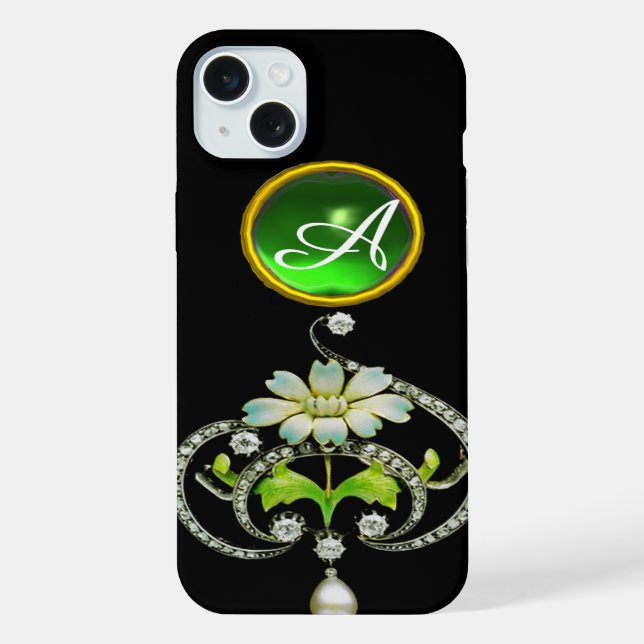 COQUE iPhone MONOGRAMME DE FLEURS D'ÉNAMILE BLANC, DE PERLES ET (Verso)