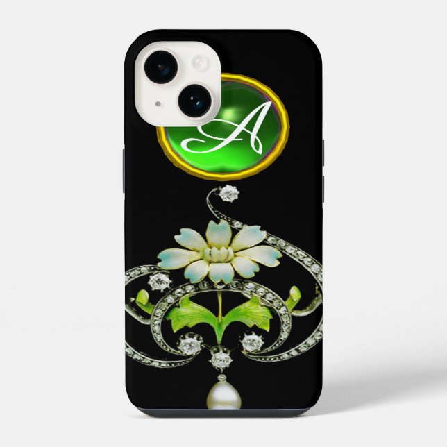 COQUE iPhone MONOGRAMME DE FLEURS D'ÉNAMILE BLANC, DE PERLES ET (Verso)
