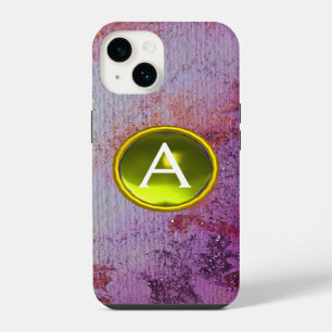 Coque Pour iPhone 14 MONOGRAMME DE GEMME ABSTRAITE violet jaune