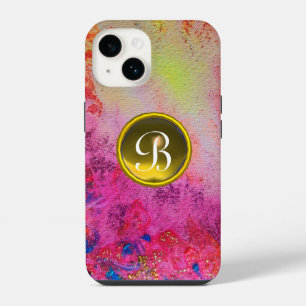 COQUE POUR iPhone 14 MONOGRAMME DE GEMME JAUNE FLEURALE VIOLETTE ROSE A