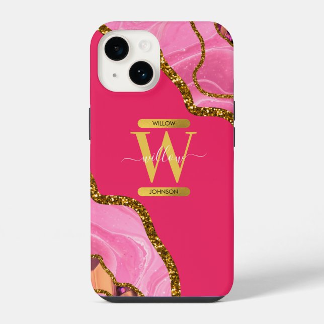 Coque iPhone Monogramme de géode rose et or (Verso)