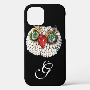 Coque iPhone 12 MONOGRAMME DE HIBOU EN JOAILLERIE ,Or,Emeraude ver