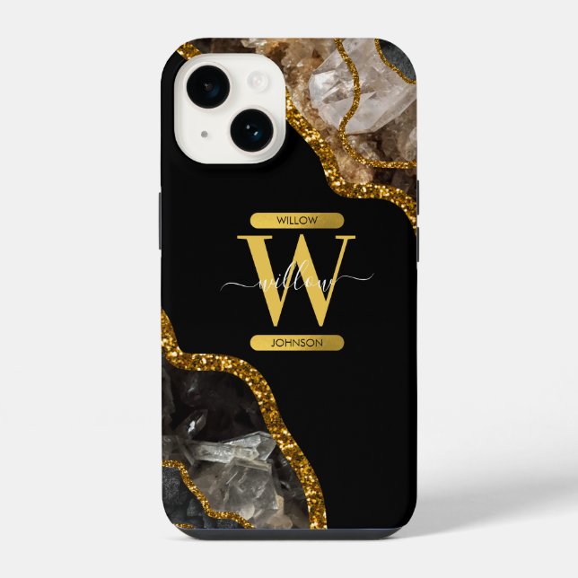 Coque iPhone Monogramme de la géode d'âge noir et or (Verso)