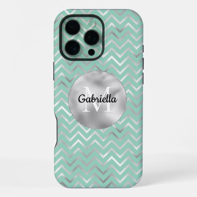 Coque iPhone Monogramme de la pointe Silver Zigzag (Verso)