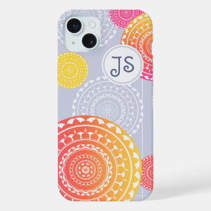 Coque iPhone 15 Plus Monogramme de mandala aléatoire rose vif