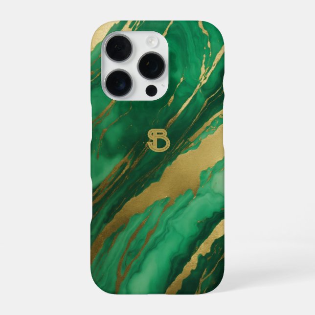 Coque iPhone Monogramme de marbre vert élégant or (Verso)