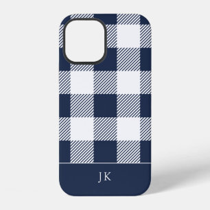 Coque iPhone 12 Monogramme de Motif à plaid bleu de la marine russ