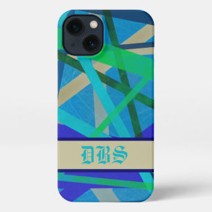 Etui iPhone 13 Monogramme de Motif géométrique bleu et vert