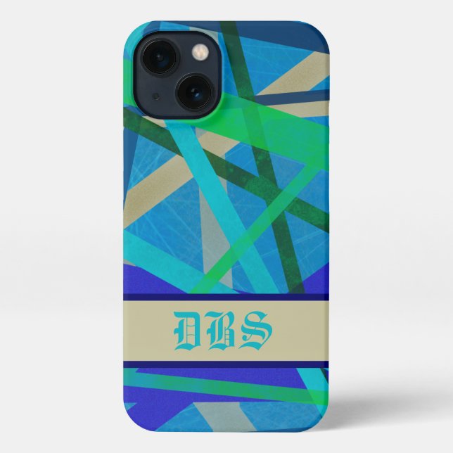 Coque iPhone Monogramme de Motif géométrique bleu et vert (Verso)