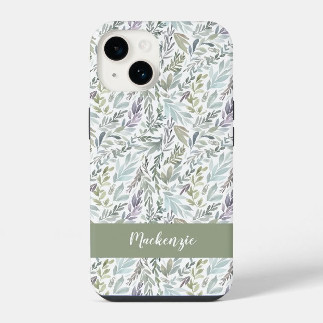 Coque iPhone Monogramme de nom aquarelle botanique bleu vert (Verso)