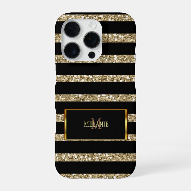 Coque iPhone Monogramme de nom avec rayures noires et paillette (Verso)