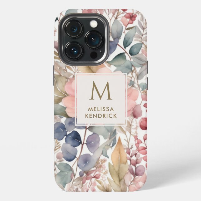 Coque iPhone Monogramme de nom de fleur d'aquarelle florale de  (Dos)
