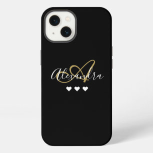 Etui iPhone 13 Monogramme de nom de script Cœurs Noirs Or
