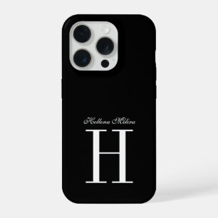 Coque iPhone 15 Pro Monogramme de nom de script élégant noir et blanc