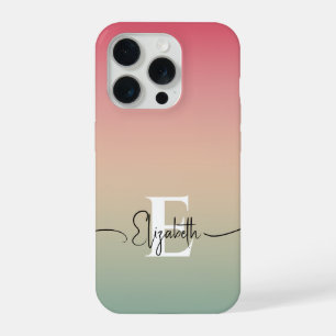 Coque iPhone 15 Pro Monogramme de nom en écriture dégradé rose jaune e