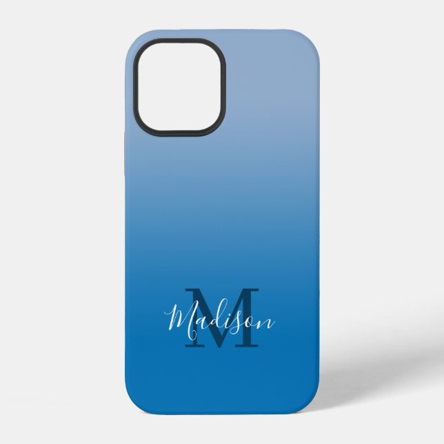 Coque iPhone Monogramme de nom moderne dégradé de bleu clair à  (Verso)