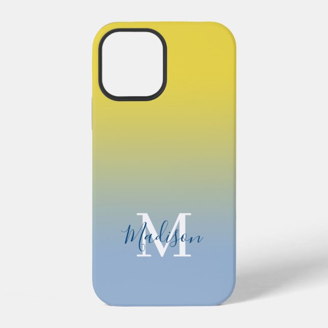Coque iPhone Monogramme de nom moderne dégradé jaune à bleu cla (Verso)