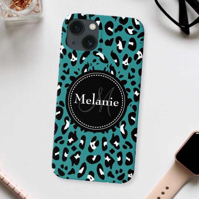 Coque iPhone Monogramme de nom motif léopard sarcelle noir et b (Créateur téléchargé)