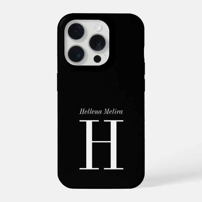 Coque iPhone Monogramme de nom noir et blanc moderne (Verso)