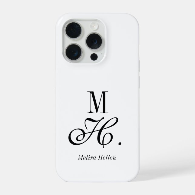Coque iPhone Monogramme de nom noir et blanc moderne (Verso)