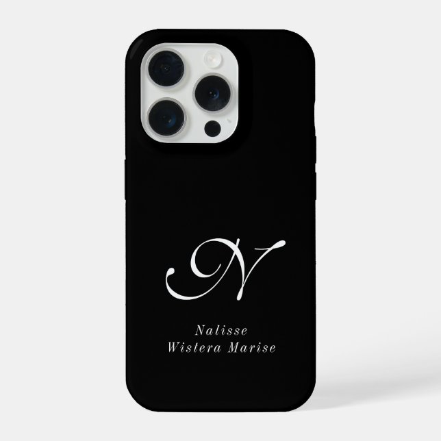Coque iPhone Monogramme de nom noir et blanc moderne (Verso)