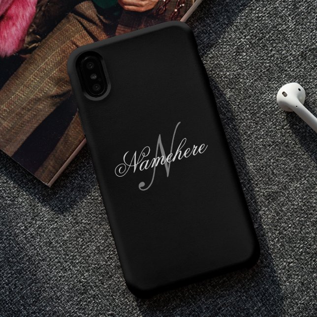 Coque iPhone Monogramme de nom noir et blanc personnalisé uniqu (Créateur téléchargé)