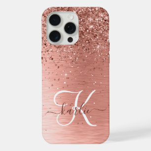 Coque iPhone 15 Pro Max Monogramme de nom pailleté en métal brossé or rose