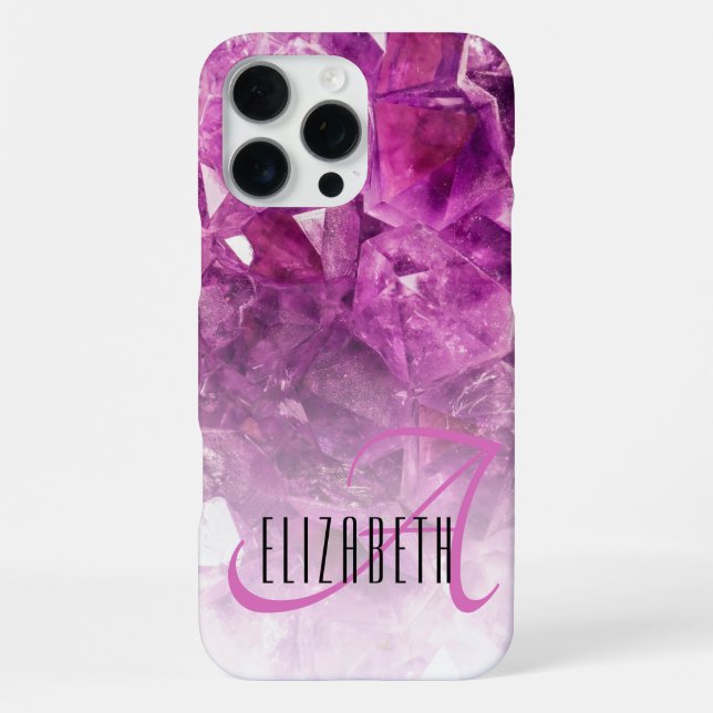Coque iPhone Monogramme de nom personnalisé Cristaux Ombre Viol (Verso)