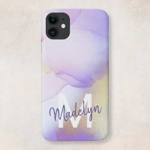 Coque Pour iPhone 14 Monogramme de nom personnalisé Watercolor Luxe Vio