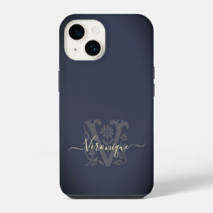 Coque Pour iPhone 14 Monogramme de nom V floral botanique bleu marine e