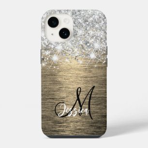 Coque Pour iPhone 14 Monogramme de Parties scintillant d'argent en méta