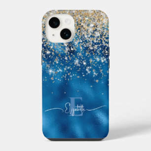 Coque Pour iPhone 14 Monogramme de Parties scintillant Royal Blue Foil