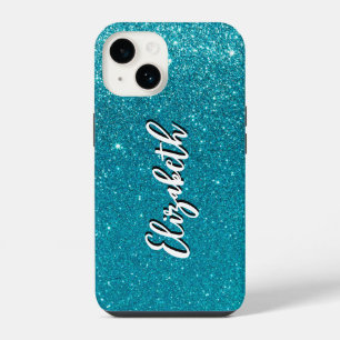 Coque Pour iPhone 14 Monogramme de Parties scintillant Turquoise Faux W