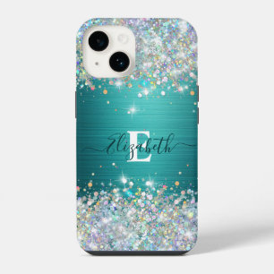 Coque Pour iPhone 14 Monogramme de Parties scintillant Turquoise modern