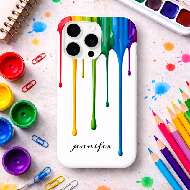 Coque iPhone Monogramme de peinture arc-en-ciel qui dégouline  (Créateur téléchargé)