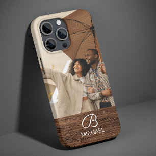 Etui iPhone 13 Monogramme de photo personnalisée Bois Grain Brun 