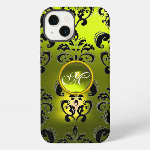 ETUI iPhone 13 MONOGRAMME DE PIERRE PRÉCIEUSE EN DAMAS JAUNE NOIR