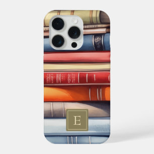 Coque iPhone 15 Pro Monogramme de pile de livres à l'aquarelle vintage
