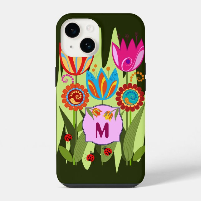 Coque iPhone Monogramme de printemps avec tulipes (Verso)