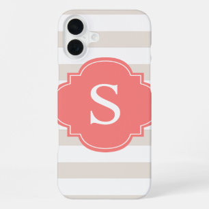 Coque iPhone 16 Plus Monogramme de rayures de beige et de corail