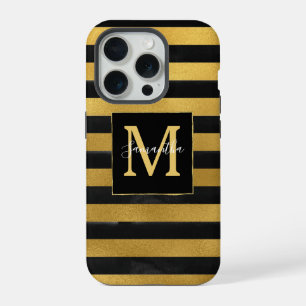 Coque iPhone 15 Pro Monogramme de rayures d'or noir